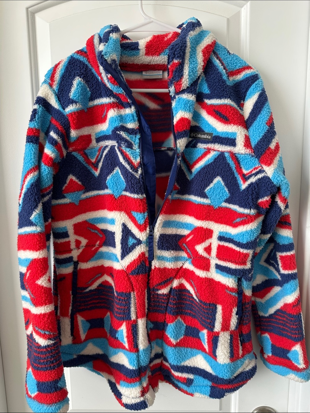 Columbia Hooded Sherpa Fleece Jacket - Red, Navy, Light Blue, White